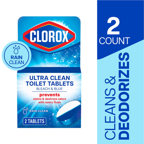 Front-facing Clorox Ultra Clean toilet tablets package with Rain Clean badge and 2 count label