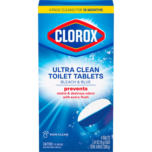 Front-facing Clorox Ultra Clean Toilet Tablets box showing brand logo, tablet image and product text