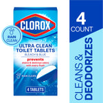 Clorox Ultra Clean Toilet Tablets package with blue and white tablet graphic and Rain Clean badge