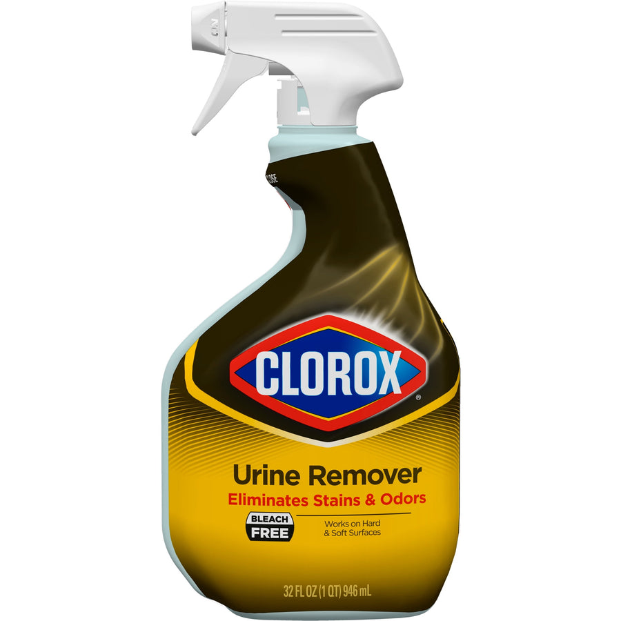 Front-facing Clorox Urine Remover spray bottle with yellow label and white trigger on a white background.