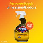 Clorox Urine Remover spray bottle on an orange-yellow gradient background with text “Removes tough urine stains & odors” and a Bleach Free badge.