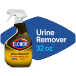 Clorox Urine Remover spray bottle shown next to blue graphic reading “Urine Remover 32 oz” on white background.