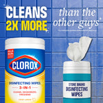 Comparison ad showing Clorox disinfecting wipes canister beside a generic store-brand wipes tub on blue tiled background