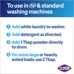 Laundry directions titled 'To use in HE & standard washing machines' with numbered steps for adding white laundry, detergent, and powder.