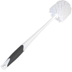 White toilet bowl brush with a round bristle head and a white handle featuring a gray non-slip grip