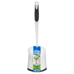 Clorox branded white toilet bowl brush with black-grip handle standing in a white holder with label on front