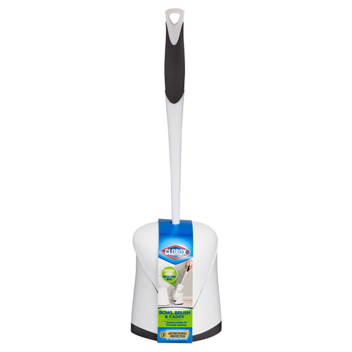 Clorox branded white toilet bowl brush with black-grip handle standing in a white holder with label on front