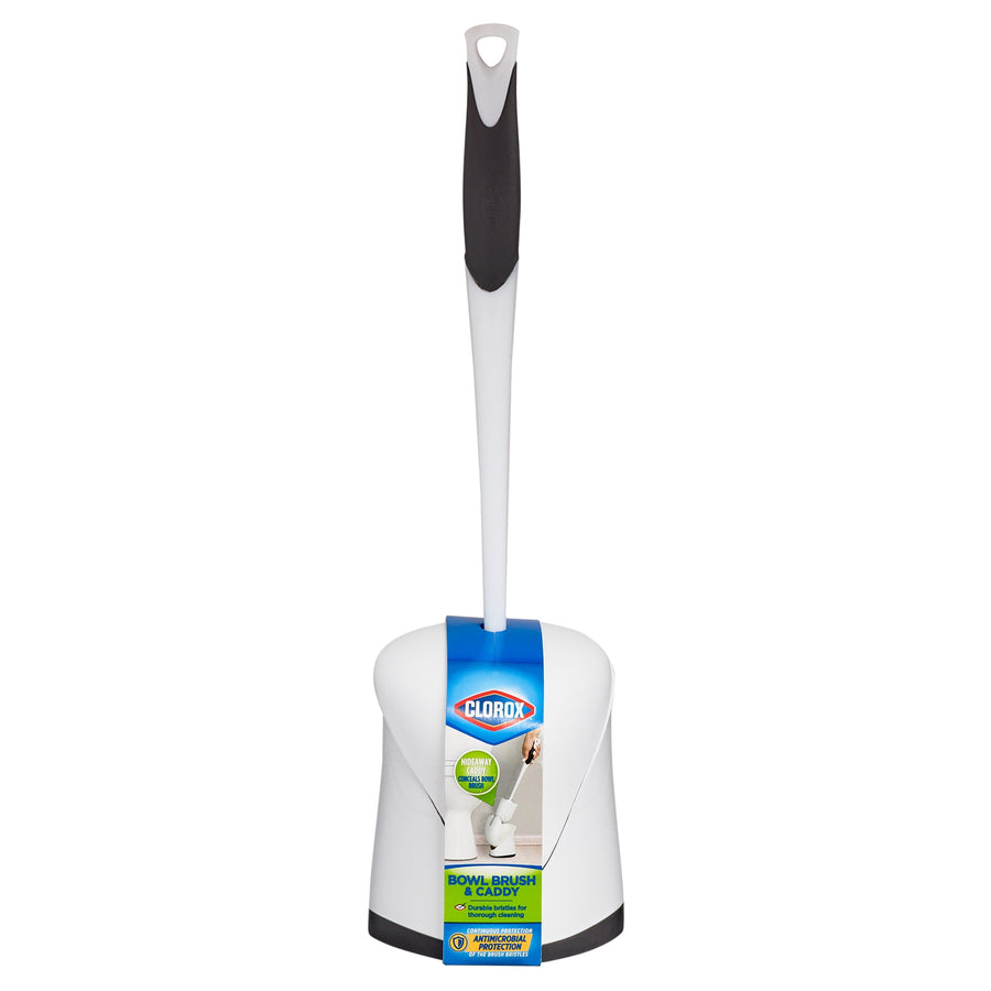 Clorox branded white toilet bowl brush with black-grip handle standing in a white holder with label on front