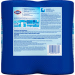 Back panel of Clorox disinfecting wipes pack showing usage icons, storage and disposal instructions, and barcode
