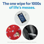 Graphic showing three circular images of common messes and headline reading “The one wipe for 1000s of life’s messes.”