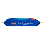 Top-side view of a Clorox Disinfecting Wipes soft pack showing the moisture-seal lid and blue yellow packaging with Clorox logo.