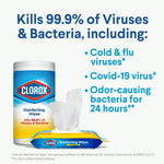 Clorox disinfecting wipes tub and soft pack with text claiming it kills 99.9% of viruses and bacteria and a list of included pathogens