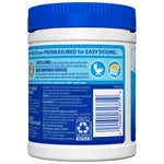 Back panel of Clorox Zero Splash Bleach Packs tub with barcode, instructions icons and plastic bottle recycle symbol