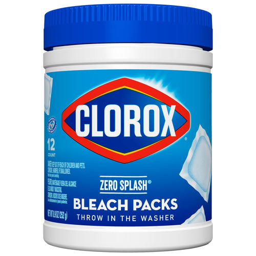 White plastic tub with a blue lid showing Clorox logo and 'Zero Splash Bleach Packs' front label
