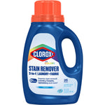 Clorox2 blue jug with orange cap showing stain remover 2-in-1 laundry + fabric label and 33 fl oz marking
