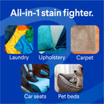 Blue infographic titled All-in-1 stain fighter with photos and labels for laundry, upholstery, carpet, car seats and pet beds
