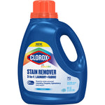 Clorox2 blue plastic bottle with orange cap showing stain remover 2-in-1 laundry + fabric label