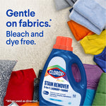 Clorox2 bottle on a carpeted background with folded clothes and text 'Gentle on fabrics. Bleach and dye free.'