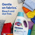 Clorox2 bottle placed among folded colorful clothes on carpet with text 'Gentle on fabrics. Bleach and dye free.'