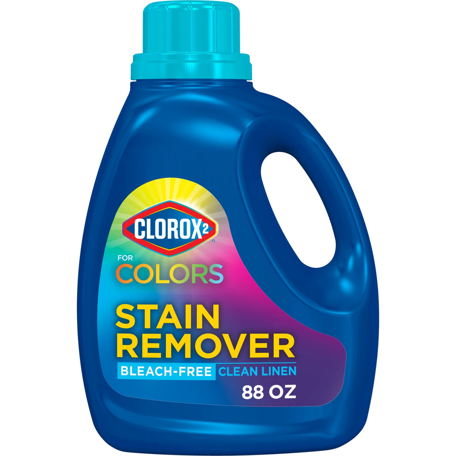 Blue Clorox2 for Colors stain remover jug with teal cap and colorful label reading stain remover, bleach-free, 88 oz