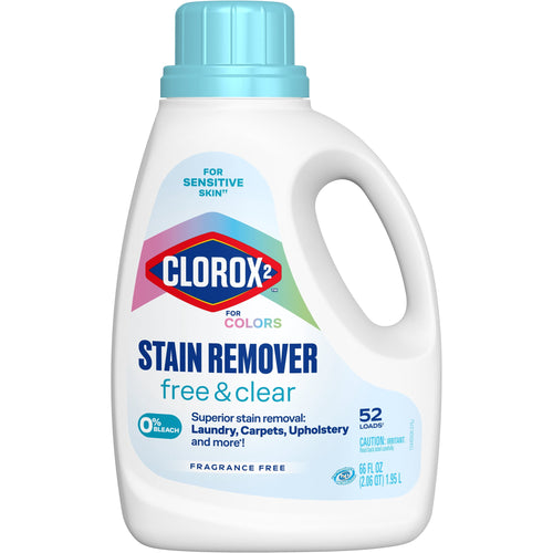 White bottle of Clorox2 stain remover free & clear with turquoise cap and printed label on white background.