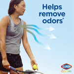 Lifestyle-style image of a person holding a tennis ball with arrows and text saying “Helps remove odors” plus Clorox2 logo