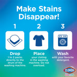 Instructional graphic titled “Make Stains Disappear!” showing three steps with icons: drop pod, place clothing, wash with detergent
