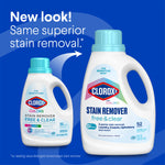 Promotional graphic showing new-look Clorox2 free & clear stain remover bottle beside older bottle on blue background.