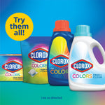 Product lineup graphic showing multiple Clorox2 for Colors product formats with “Try them all!” callout on a blue gradient background