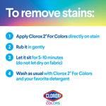 Instruction panel titled To remove stains listing four steps for applying Clorox2 for Colors with a gradient background and logo.