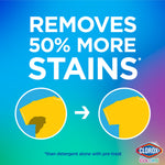 Bold text graphic stating “Removes 50% More Stains” with before-and-after shirt icons and small Clorox2 for Colors logo