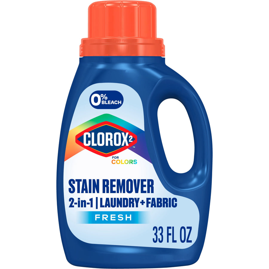 Blue Clorox2 stain remover bottle with orange cap and label reading 2-in-1 laundry + fabric, fresh scent