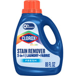 Blue Clorox2 stain remover jug with orange cap and label reading 2-in-1 laundry + fabric, 88 fl oz