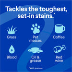 Blue square graphic listing common stains tackled like grass, pet messes, coffee, blood, oil & red wine