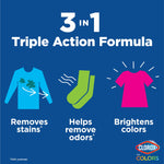 Blue panel infographic reading “3 in 1 Triple Action Formula” with icons for removing stains, removing odors, and brightening colors