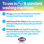 Instructional graphic titled use in HE & standard washing machines with three numbered steps and Clorox2 for Colors logo.