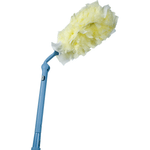 Angled close-up of a blue duster handle with yellow fluffy duster head against white