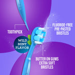 Close-up product graphic of a blue mini toothbrush and built-in toothpick with labels for wild mint flavor and fluoride-free pre-pasted bristles.