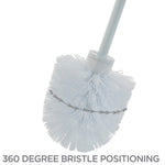 Close-up of white toilet brush bristles with arrow graphic indicating 360-degree bristle positioning and a portion of the handle