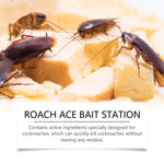 close-up of cockroaches on food crumbs with a caption panel reading roach ace bait station and a short description