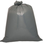 Close-up of a full tied dark gray trash bag photographed against white background