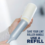 Close-up of a lint roller handle with a refill being attached, accompanied by text advising to use a refill to save the handle.