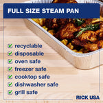 Close-up corner view of a full-size disposable aluminum pan with roasted chicken, checklist graphic listing recyclable, oven safe and other features