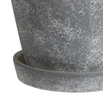 Close-up of textured gray ceramic planter wall and matching saucer, showing surface detail