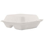 Closed white compostable hinged takeout container shown at a slight angle on a white background
