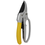 Closed ratcheting pruning shears with silver body and yellow handle, lock mechanism visible on the side