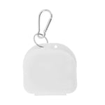 Front view of a closed white plastic retainer case with attached metal keyring and carabiner on white background