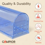 Close-up product shot of a translucent blue humane mouse trap with icons listing non-electric, chemical-free and washable.