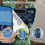 Close-up of a blue Bona microfiber cleaning pad attached to mop head, showing dual-zone texture and washable claim