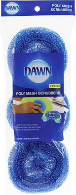 Close-up of Dawn branded retail packaging showing two blue poly mesh scrubbers and product label reading 'Poly Mesh Scrubbers'